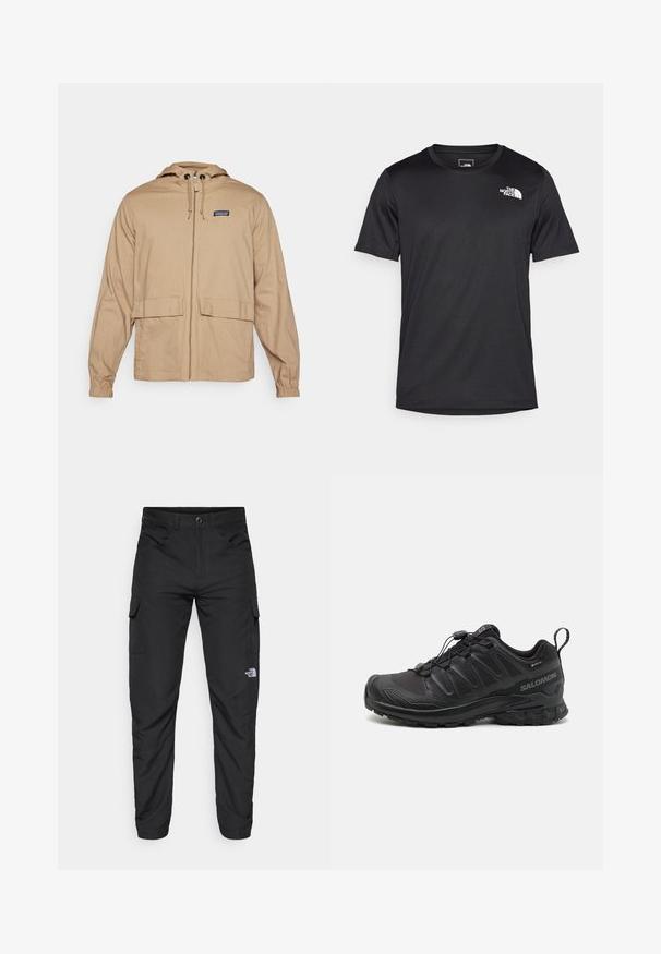 Khaki lightweight jacket with a hood, frontal zipper, two large patch pockets, and elastic cuffs. Made of smooth fabric.; Black short-sleeve t-shirt made of textured fabric, featuring a small white logo on the upper left chest area, round neckline.; The North Face HORIZON PANT - Outdoor trousers - black; Black athletic shoe with a textured synthetic upper, cushioned sole, and a quick-lacing system. Features a reinforced toe and heel.