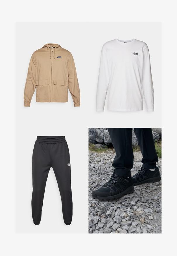 Giacca leggera color khaki con cappuccio, zip frontale, due grandi tasche applicate e polsini elastici. Realizzata in tessuto morbido.; T-shirt bianco a maniche lunghe in cotone con colletto rotondo. Presenta un piccolo logo nero sul petto. Texture liscia, vestibilità regolare.; Pantaloni sportivi neri con vita regolabile tramitecordino, vestibilità affusolata, polsini elasticizzati e un piccolo logo bianco sulla coscia sinistra, realizzati in tessuto morbido.; Scarpe da esterni nere realizzate in mesh e materiale sintetico, con una parte superiore testurizzata, un sistema di allacciatura sicuro e una suola robusta, su terreno roccioso.