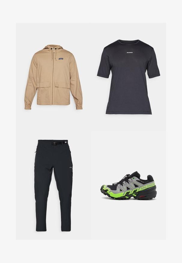 Khaki lichtgewicht jas met een capuchon, een frontale rits, twee grote opgestikte zakken en elastische manchetten. Gemaakt van een gladde stof.; Zwarte korte mouwen performance t-shirt van ademend materiaal, met een ronde halslijn en een klein wit "SALOMON" logo op de borst.; Columbia ESSENTIAL HIKE™ PANT - Outdoorbroeken - black; Zwarte en grijze trailrunning schoenen met heldergroene accenten, voorzien van een gestructureerde zool, geavanceerd vetersysteem en robuuste uitstraling.