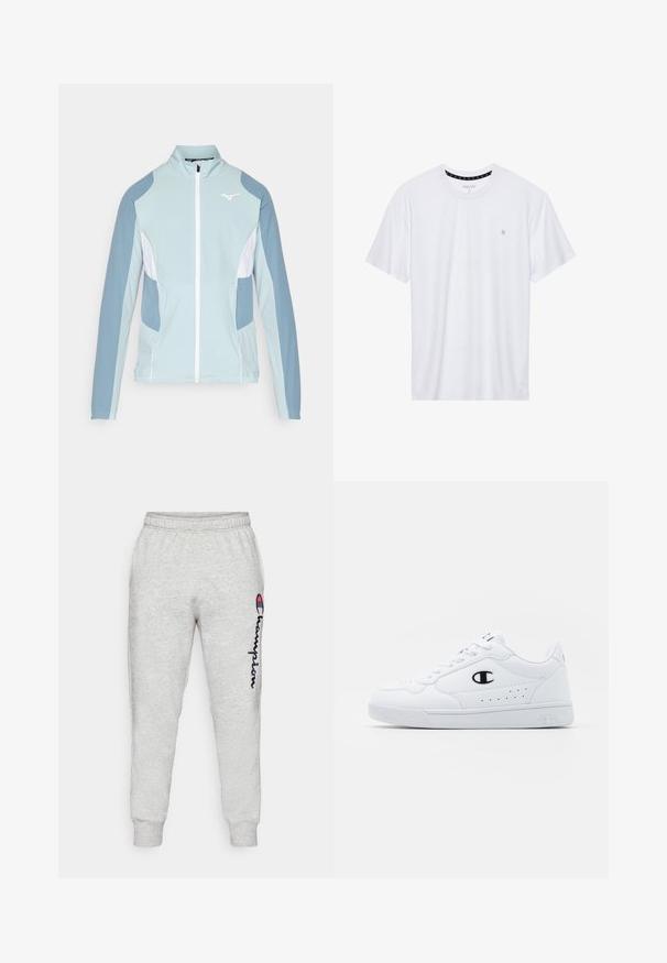 Hellblaues Sportjacke mit weißen Akzenten, Reißverschluss vorne, hohem Kragen und langen Ärmeln. Mit kontrastierenden dunkelblauen Schulterpaneelen.; Weißes Crewneck-T-Shirt aus Baumwolle, mit kurzen Ärmeln und einem kleinen, auf der linken Brustseite gestickten Logo. Weiche Textur.; Hellgraue Baumwoll-Sweatpants mit gerippten Bündchen, versehen mit einem vertikalen, marineblauen "Champion"-Logo und subtiler Textur. Elastischer Bund für Komfort.; Weißes sportliches Sneakerpaar mit glattem, synthetischen Obermaterial, schwarzem Logo-Akzent und perforierten Details an der Seite. Gummisohle.