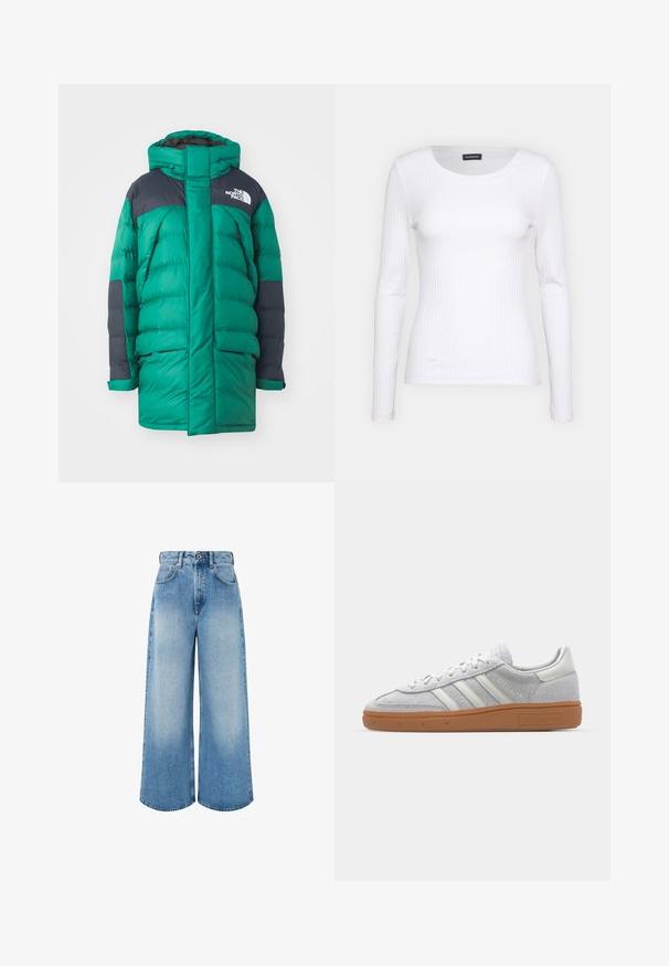 The North Face W LIMBARA INSULATED PARKA - Žieminis paltas - evergreen; Balta, raukšlėta ilgarankovė palaidinė su apvalia iškirpte. Pagaminta iš elastingos medžiagos, kuri prisitaiko prie kūno. Pasipuošusi subtiliomis horizontaliosiomis linijomis.; Šviesiai mėlynos plačios kojų džinsinės kelnės, pagamintos iš džinsinio audinio, su aukštu liemeniu, mygtukų užsegimu ir subtiliu išblukimu, turinčiu švarius apdailos kraštus.; Šviesiai pilki zomšiniai sportbačiai su baltais odiniais akcentais, trimis baltomis juostelėmis ir rudą guminę pada, turintys paminkštintą apykaklę patogumui.