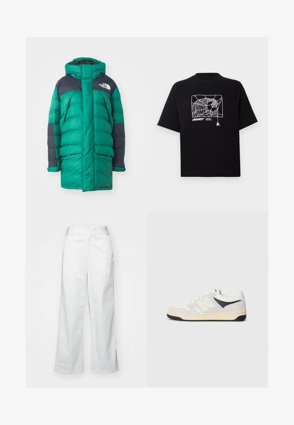 The North Face W LIMBARA INSULATED PARKA - Ziemas mētelis - evergreen; Melnā kokvilnas T-kreklā ir īsas piedurknes. Uz priekša ir balti zirnekļa tīkla grafika un logo. Vienkārša noapaļota izgriezne.; Balti platie kājas bikses no kokvilnas, ar gludu tekstūru, taisnu piegriezumu, priekšējām kabatām un tīru apakšmalu.; Sporte apavi baltā, pelēkā un melnā krāsā. Izgatavoti no zamšas un tekstila materiāliem, ar perforētu pirkstu daļu un logotipu sānos. Gumijas zole.