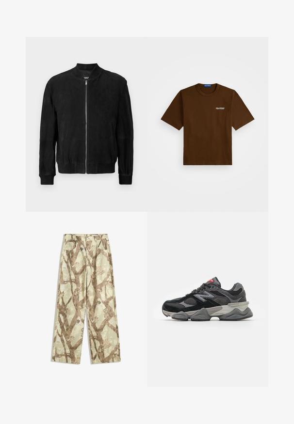 Svart mocka bomberjacka med dragkedja fram, ribbad krage och manschetter, två sidofickor och en mjuk textur. Enkel och minimalistisk design.; Brun kortärmad T-shirt med vit "Polo Sport Ralph Lauren" logotyp på vänster bröst och en blå etikett inuti kragen.; Byxor i lätt tyg i en ljusgrön nyans, med ett mönster av bruna grenar, vid bendesign och två framfickor.; Svarta och grå sneakers med en kombination av mocka och mesh-material, tjock sula, framträdande logotyp och röd accent på tungan.