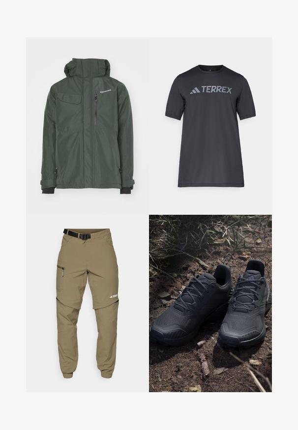 Grønn vanntett jakke med høy krage, glidelås-lommer og justerbare mansjetter. Materialet er glatt med en matte finish.; Svart t-skjorte med kort erm laget av lett stoff, med en lys grå "TERREX" logo på tvers av brystet og rund hals.; Kakhifargede friluftsbukser med justerbart svart belte, glidelåslommer, avsmalnende ermer og avtagbare underben for variert styling.; Svarte atletiske sko med en strukturert strikket overdel, forsterket tå og polstret såle, utstilt på jordaktig grunn med spredte kvister.