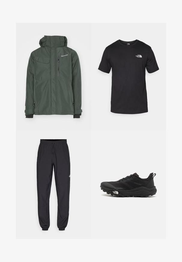 Veste imperméable verte avec un col haut, des poches zippées et des poignets réglables. Le matériau est lisse avec une finition mate.; T-shirt noir à manches courtes en coton, avec un col rond et un petit logo blanc sur le côté supérieur gauche de la poitrine.; Pantalon de sport noir en tissu léger, avec une taille à cordon, des poches latérales et des chevilles resserrées.; Chaussure de trail running noire avec une tige texturée, semelle en caoutchouc et bout renforcé. Présente un col rembourré et une tirette pour un enfilage facile.