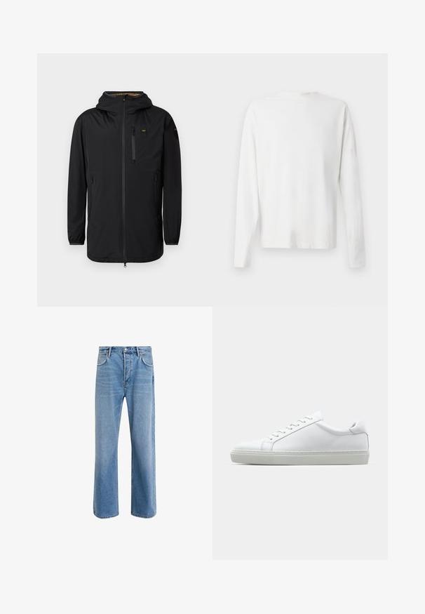 Schwarze wasserdichte Jacke mit Kapuze, Frontreißverschluss, Brusttasche und elastischen Bündchen. Glatte Textur, minimalistisches Design und keine sichtbaren Muster.; Langärmliges weißes Baumwollhemd mit rundem Ausschnitt, seitlichen Schlitzen am unteren Rand und glatter Textur, von hinten präsentiert.; Helle blaue Jeans im Geradeschnitt-Design, mit fünf Taschen, Knopfverschluss, minimaler Ausbleichung und kontrastierenden Nähdetails.; Weißer Sneaker mit glattem Lederobermaterial und niedrigem Profil. Verfügt über eine runde Zehenpartie, sechs Ösen und eine strukturierte Gummisohle.