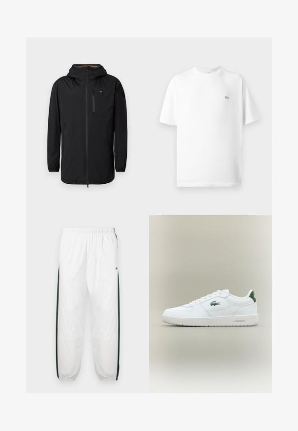 Musthave veekindel jope kapuutsiga, esikinnise, rinnatasku ja elastsete mansettidega. Sile tekstuur, minimalistlik disain ja nähtamatud mustrid.; Valge puuvillane T-särk ümmarguse kaeluse ja lühikeste varrukatega. Vasakul rinna küljes on väike must Lacoste'i logo.; Valged sportpüksid tumeroheline külgpanelitega. Kerge materjal, elastne vöökoht ja mansetid. Külgpanelitel on võrkmuster.; Valge nahkne spordijalats sujuva viimistlusega, rohelised aktsendid kanna peal ja roheline logo küljel. Omab lamedat tallat ja ümmargust varvast.