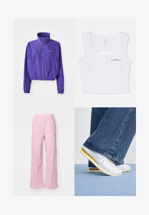 Purple zip-up jacket made of lightweight fabric, featuring a high collar and elastic hem, with a small logo on the left chest.; White cropped tank top made of cotton blend material. Features a keyhole cutout at the back and black printed logo details on the front.; Pink elastic-waist pants with a relaxed fit. Features a red logo on the left side and a smooth, lightweight texture.; White leather sneakers with yellow accents, round toe, and textured rubber sole, paired with dark blue denim flared pants.
