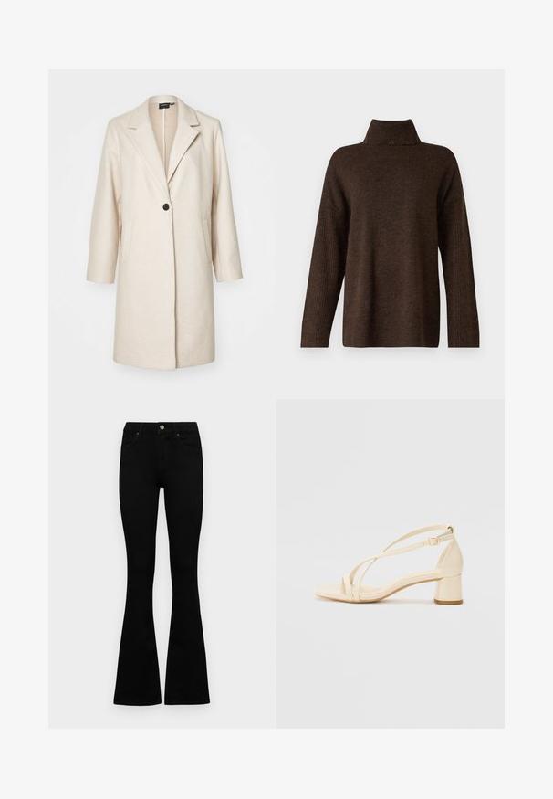 Bežs vilnas maisījuma mētelis ar vienu melnu pogu, izgrieztiem atlociem un sānu kabatām; līdz ceļiem, brīvs, ar teksturētu audumu.; Brūns adīts džemperis ar augstu ribotu apkakli, platām piedurknēm un mīkstu tekstūru. Iespējota brīva piegriezuma forma un riboti akcenti uz piedurknēm.; Melni augsta jostas šorti ar pogu un rāvējslēdzēju, priekšējām kabatām un izplestām kājām, nolikti uz balta fona.; Beige augstiem papēžiem ar bloku, ar siksniņu dizainu un regulējamu potītes siksniņu, izgatavoti no gludas sintētiskas materiāla ar matētu apdari.