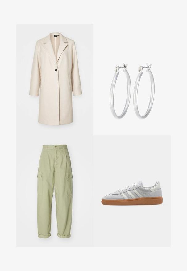 Beige wool-blend coat with a single black button, notched lapels, and side pockets; knee-length, relaxed fit, textured fabric.; White ribbed long-sleeve top with a round neckline. Made from a stretchy fabric that hugs the body. Features subtle horizontal lines.; Light green cargo pants made from cotton fabric. Features a high waist, rolled cuffs, and two side cargo pockets for added utility.; Light grey suede sneaker with white leather accents, three white stripes, and a brown rubber sole, featuring a padded collar for comfort.; Silver hoop earrings with a smooth, polished finish. Round shape and secure click-top closure. Lightweight design suitable for everyday wear.
