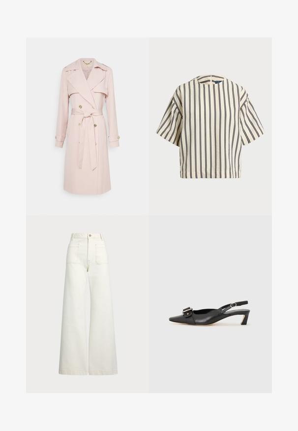 Lys rosa trensjakke laget av myk stoff, med dobbel rekke knapper foran, belte i livet og gullfargede knapper. Inkluderer skulderklaffer.; T-skjorte med korte ermer, stripet i kremfarge og marineblå, med rund hals og en boxy design i en strukturert stoff.; Vidde bukser i off-white denim. Høyt liv-design med knappelukking, to frontlommer og kontrastsøm detaljer.; Svarte skinn slingback-sko med spiss tå, liten hæl og dekorativ spenne-detalj på overdelen. Glatt tekstur, minimalistisk design.