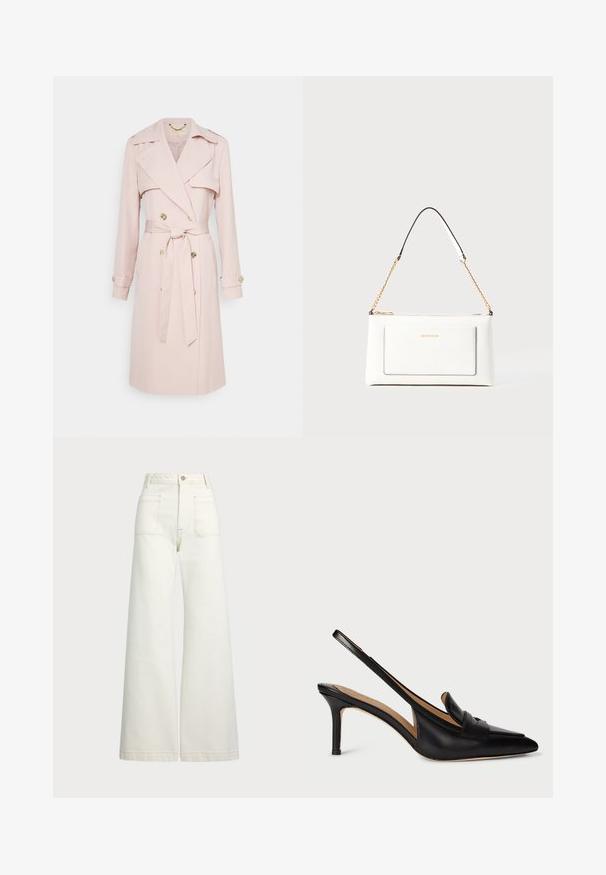 Vaaleanpunainen trench-takki, joka on valmistettu pehmeästä kankaasta ja jossa on kaksirivinen edustus, vyötäröllä vyö ja kultasävytteiset napit. Sisältää olkavarret.; Lyhythihainen, raidallinen paita kirkas- ja tummansinisen sävyissä, jossa on pyöreä pääntie ja laatikkomainen muotoilu tekstuuritetussa kankaassa.; Reisitaskuhousut vaaleanvalkoisesta denimestä. Korkea vyötärö, napitus, kaksi etutaskua ja kontrastiväriset ompeleet.; Musta nahkainen slingback-pumppu, jossa on teräväkärkinen muotoilu, matala korko ja koristeellinen hihna jalan päällä. sileä rakenne ja minimalistinen muotoilu.; Valkoinen nahkalaukku tekstuuripinnalla, jossa on kultaketjuolkaimet ja mustia yksityiskohtia. Mukana etutasku ja vetoketjusulku.