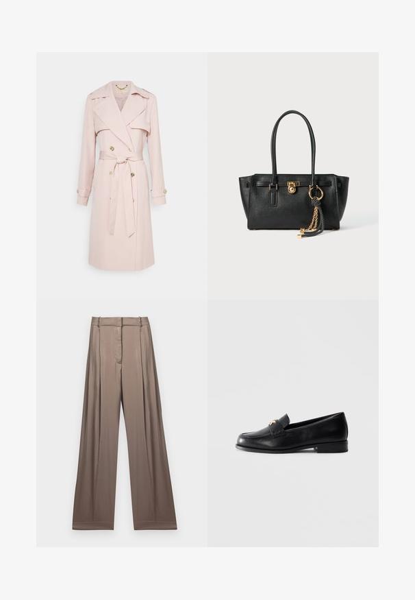 Lichtroze trenchcoat gemaakt van zacht materiaal, met een dubbelzijdige voorkant, ceintuur in de taille en gouden knopen. Inclusief schouderepauletten.; Witte cropped T-shirt van katoen, met korte mouwen en het "MICHAEL KORS" logo in bijpassende geborduurde tekst over de voorkant.; Wijduitlopende broeken in een gedempt taupe kleur, gemaakt van een gladde stof met een satijnen afwerking. Heeft een op maat gemaakte tailleband en subtiele plooien.; Zwarte leren instapper met lage hak en gouden decoratief embleem op de band, gepresenteerd tegen een effen lichtgrijze achtergrond.; Zwarte leren handtas met dubbele handgrepen, gouden slot en kettingdetail, en zwart-witte franjer accent tegen een witte achtergrond.