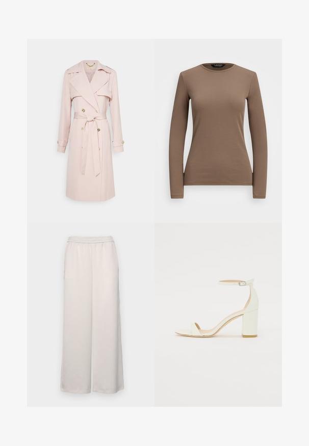 Jasnoróżowy trencz wykonany z miękkiego materiału, z podwójnym zapięciem z przodu, paskiem w talii i guzikami w złotym odcieniu. Zawiera pagony na ramionach.; Koszula z długim rękawem w jednolitym brązowym kolorze, z okrągłym dekoltem i dopasowanym krojem, wykonana z gładkiego, elastycznego materiału.; Jasno beżowe spodnie typu wide leg z elastycznym pasem. Gładki materiał, o pełnej długości, bez widocznych ozdób czy wzorów.; Białe skórzane sandały na blokowym obcasie z paskiem wokół kostki z klamrą i minimalistycznym wzornictwem. Otwarty przód oraz gładkie tekstury na całej powierzchni.