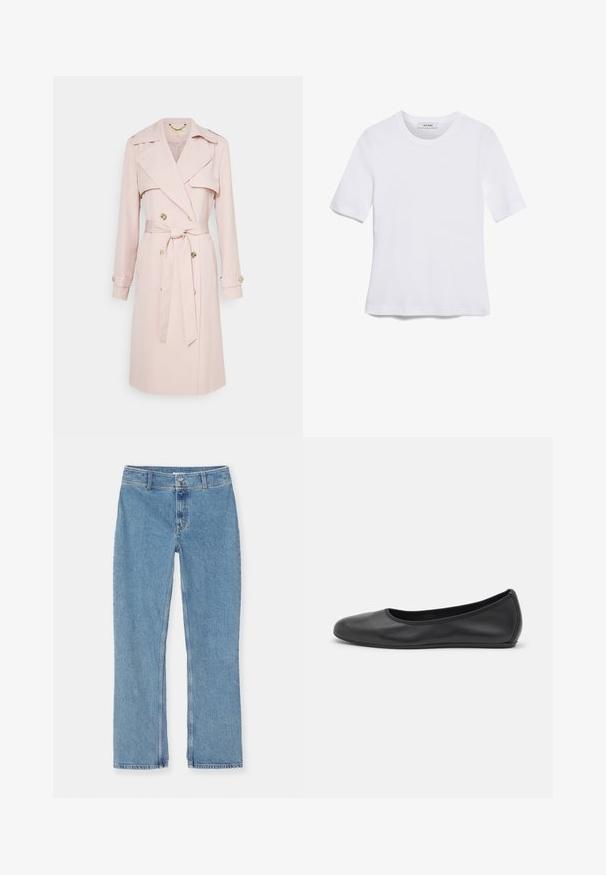 Kerge roosa trenčkot pehmest kangast, topeltrinnaga esiosa, vööga talje ja kuldse tooni nööpidega. Includes õlavarre epauletid.; Valge lühikeste varrukatega T-särk ribatud kangast. Ümara kaelusega, tavalisest sobivusest ja peente õmbluse detailidega. Ilma mustrite või graafikateta.; Heledad hall sinise sirge jala teksapüksid, nööbi ja luku sulgemisega, vöörihmadega ja standardõmblustega valgel taustal.; Musthave mustika tantsutossud mustast nahast, ümmarguse varbaga, siledast tekstuurist, minimaalse õmblusdetailiga ja paindliku tallakujundusega.