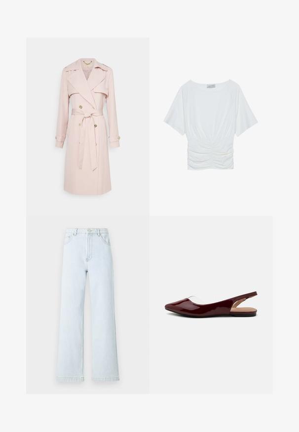 Svijetloružni trench kaput od mekog materijala, s dvostrukim kopčanjem sprijeda, pojasom u struku i zlatnim gumbima. Uključuje epaule u predjelu ramena.; Bijela majica kratkih rukava s opuštenim krojem, koja se ističe nabranoj teksturom na struku i glatkim materijalom. Etiketa: Anna Field.; Svijetloplave traper široke hlače s visokim strukom, dizajnom od pet džepova i zlatnim šavovima. Glatka tekstura i ravni kroj.; Burgundijske lakirane balerinke s otvorenom petom, šiljastim nosom i ravnim crnim đonom. Glatka tekstura, minimalistički dizajn.