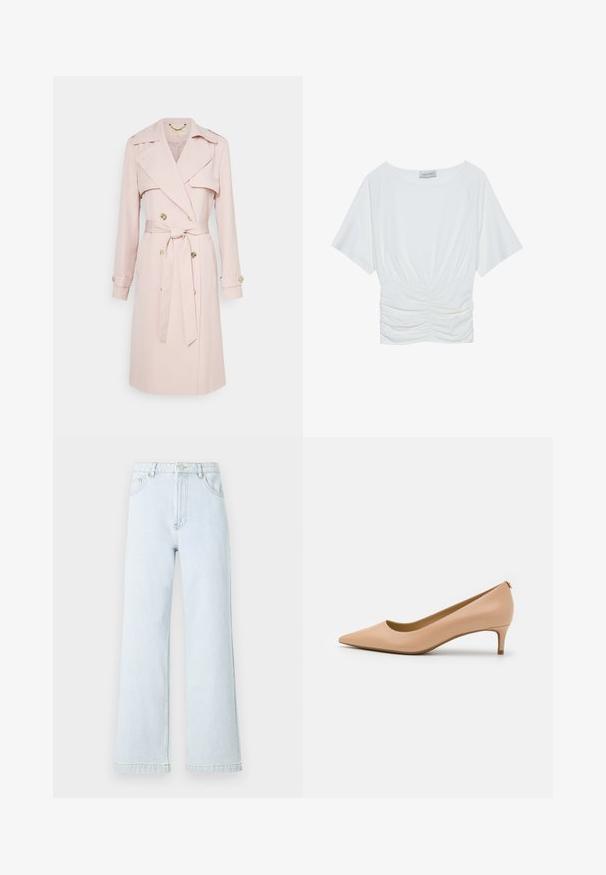 Gaiši rozā tranšejas mētelis, kas izgatavots no mīksta auduma, ar dubulto priekšpusi, jostu viduklī un zelta krāsas pogām. Iekļauti plecu epauleti.; Balta īsām piedurknēm augšdaļa ar brīvu piegriezumu, kas ietver savelku dizainu jostas vietā un gludu auduma tekstūru. Etiķete: Anna Field.; Gaiši zilas denima platās kājas bikses ar augstu jostasvietu, piecu kabatu dizainu un zelta diegu detaļām. Gluda tekstūra un taisna griezuma.; Lai zeltīta ādas kurpīte ar norādītu purngalu, ar zemu papēdi, gludu virsmu un minimālistisku dizainu ar niansētu aizmugures detaļu.