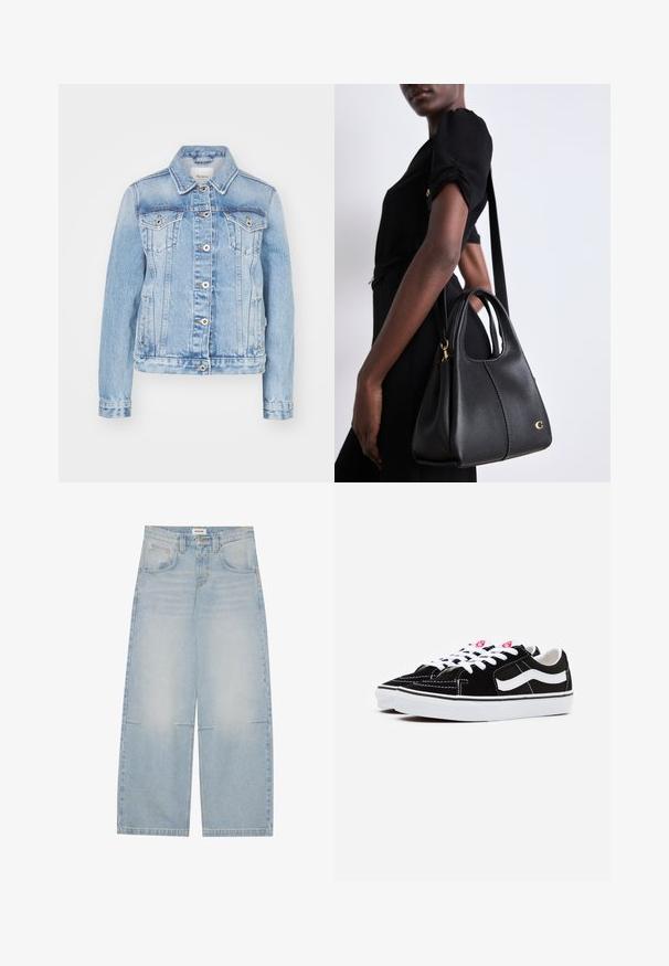 Lichtblauwe spijkerjas met een klassieke kraag, voorknopsluitingen, twee borstzakken en zijsplitzakken met contrasterende stiksels.; Twee mouwloze bodysuits in olijfgroen en zwart. Gemaakt van een gladde stof met een ronde halslijn en een hoog uitgesneden beenontwerp.; Lichtblauwe denim jeans met wijde pijpen en een hoge taille, vijf zakken en subtiele vervaging; voorzien van contrasterende stiksels en een knoopsluiting.; Zwarte suède sneakers met witte veters, met een opvallende witte zijstreep en een zwarte rubberen zool, die contrasterende stikdetails tonen.; Zwarte leren handtas in hobo-vorm, met een gladde textuur, ronde bovenkant en gouden hardware accenten.