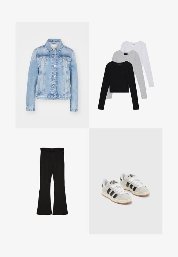 Lyseblå denimjakke med en klassisk krave, frontknapper, to brystlommer og sidelommer med kontrastsyning.; Tre langærmede toppe stablet: sort, grå og hvid. Hver har en rund halsudskæring og et cropped design med glat, let stof.; Sorte flared leggings lavet af strækbart stof. Har en bred talje og en glat tekstur, med en tætsiddende silhuet der bredder sig ved sømmen.; Grå ruskinds sneakers med hvide snørebånd, sorte striber og en hvid gummisål. Har et rundt logo på tungen og en gummisål.