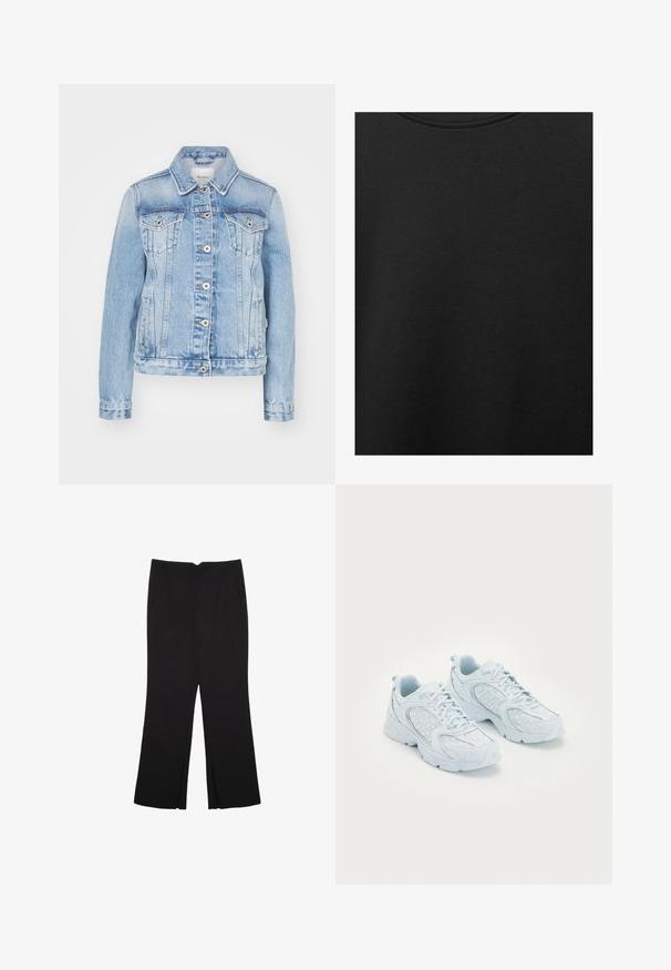 Lyseblå denimjakke med en klassisk krave, frontknapper, to brystlommer og sidelommer med kontrastsyning.; Sort bomuldsstof med glat struktur og rund halsudskæring, prydet med et subtilt, jævnt kornmønster. Ingen synlige logoer eller accenter.; Sorte bukser med lige pasform, der har frontlommer og slidser i kanten. Lavet af blødt, glat stof. Velegnet til forskellige anledninger.; Lyseblå atletik sko med en overdel af mesh og syntetisk materiale, der har hvide prikker og reflekterende detaljer, snørebåndsdesign og polstrede såler.