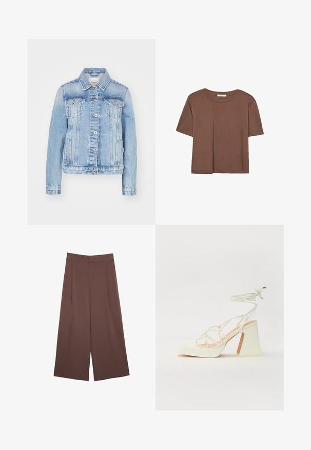 Svetle modrá džískovka s klasickým límcem, předními knoflíky, dvěma náprsními kapsami a bočními kapsami se vzorem kontrastního šití.; Hnědé tričko s krátkým rukávem vyrobené z měkké látky, s kulatým výstřihem a volným střihem. Bez viditelných vzorů nebo dekorací.; Hnědé široké kalhoty s hladkou texturou, vysokým pasem a předními záhyby. Materiál je lehký a volně splývá.; Bílé sandály na vysokém podpatku s robustním podpatkem, s designem s pásky a zavazováním kolem kotníku. Hladký povrch s platformou vpředu pro zvýšení výšky.