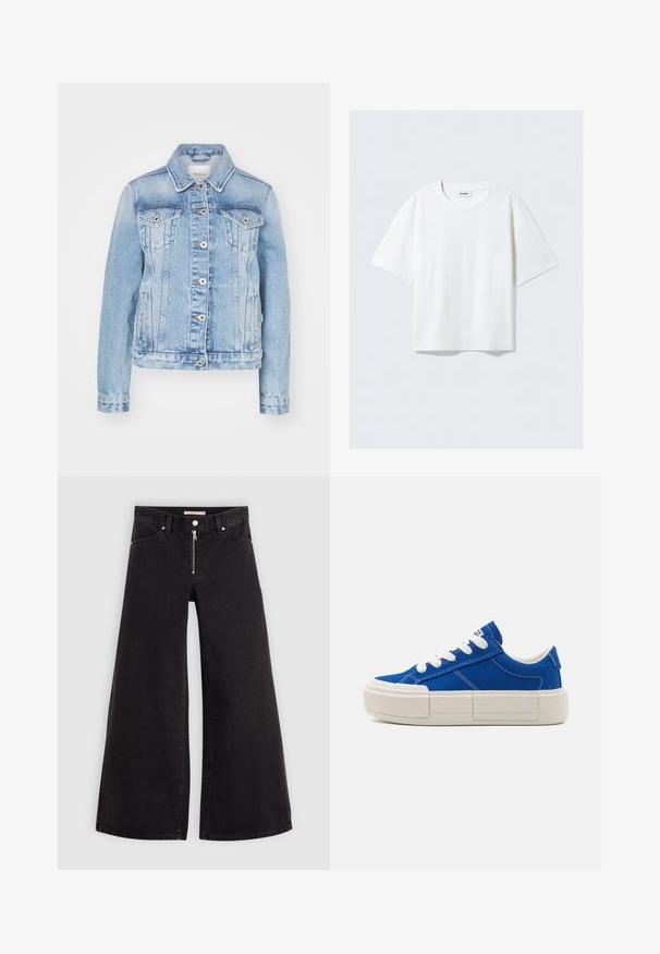 Chaqueta de mezclilla azul claro con cuello clásico, botones frontales, dos bolsillos en el pecho y bolsillos laterales con costuras en contraste.; Camiseta blanca de manga corta en suave tejido de algodón, con cuello redondo y corte relajado con dobladillo recto, lisa sin patrones ni gráficos.; Jeans de pierna ancha en denim negro con cierre frontal, diseño de cinco bolsillos y detalles de costura sutiles. Textura suave y estilo casual.; Zapatillas de lona azules con suela blanca gruesa, que presentan cordones blancos y costuras de contraste a lo largo de los lados. Con una lengüeta en el talón accentuada.