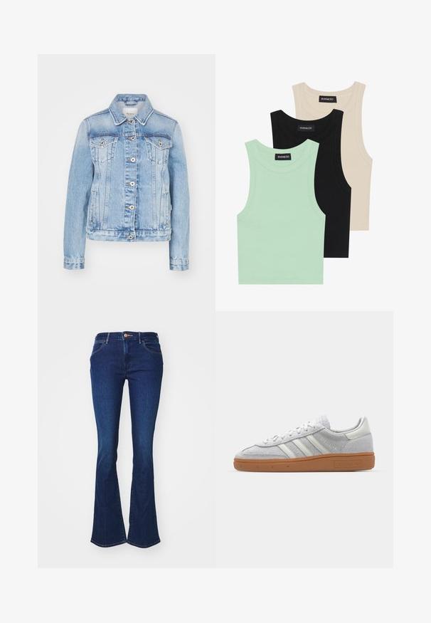 Hele helesinine teksajakk, millel on klassikaline krae, ees nupud, kaks rinna taskut ja külgtaskud kontrastõmblustega.; Kolm t-särki mentool verdes, mustas ja beežis; ribakangast, ümmarguse kaelusega ja ilma varrukateta. Brändi silt on nähtav.; Tumed sinine denimist lükatud teksapüksid, sobiva vöökoha, nööbiga kinnituse ja kerge pleekimisega. Kontrastselt nähtavad õmblused.; Heledad hallhall kreemikas nähtav dress särk valgete nahka elementidega, kolm valget triipu ja pruun kummikreen, millel on mugavuse tagamiseks pehmendusega kaelus.