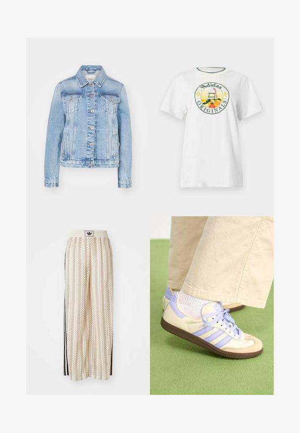 Jasnoniebieska kurtka dżinsowa z klasycznym kołnierzem, z przodu zapinana na guziki, z dwiema kieszeniami na piersi oraz bocznymi kieszeniami z kontrastowym szwem.; Biała bawełniana koszulka z krótkim rękawem, z okrągłym graficznym logo w zielonym i żółtym, przedstawiającym "Adidas Originals" oraz wzory owoców.; Kremowe szerokie spodnie w stylu palazzo z wzorem w zygzak, z czarnym paskiem z logo oraz bocznymi czarnymi paskami. Lekki, teksturowany materiał.; Kremowe i lawendowe trampki z trzema paskami oraz teksturowaną brązową podeszwą, wyposażone w sznurówki i wyścieloną piętę. Górna część z miękkiego materiału.