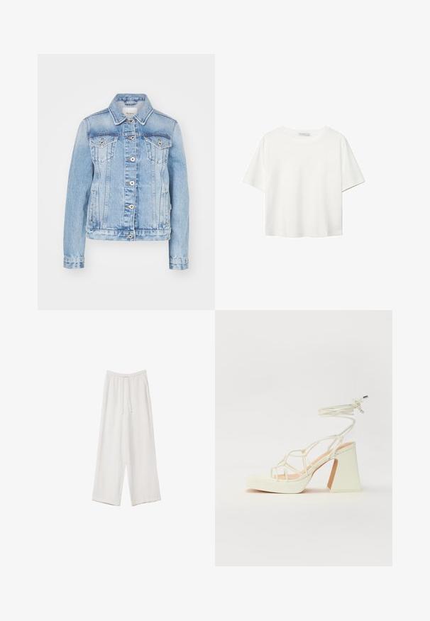 Lyseblå denimjakke med en klassisk krave, frontknapper, to brystlommer og sidelommer med kontrastsyning.; Hvid kortærmet t-shirt lavet af bomuld. Har en rund halsudskæring og en afslappet pasform. Glat tekstur uden synlige mønstre eller detaljer.; Hvide bukser med bred benlængde lavet af et letvægtsstof. Har et elastisk talje med snor og sidelommer. Glat tekstur.; Hvide højhælede sandaler med en kraftig hæl, der har et stropdesign og ankelbinding. Glat tekstur med en platform foran for ekstra højde.
