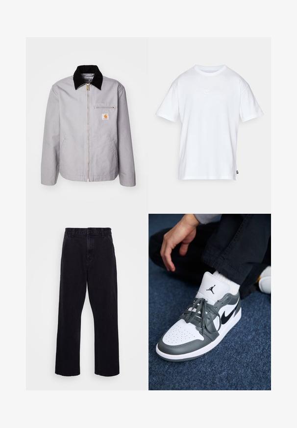 Jasnoszara kurtka wykonana z trwałego materiału, z czarnym kołnierzem z sztruksu, zapięciem na zamek błyskawiczny, przednią kieszenią i naszywką z logo na piersi.; Biała bawełniana koszulka z krótkim rękawem i okrągłym dekoltem. Posiada małe, dyskretne logo Nike na piersi oraz metkę po boku.; Czarne dżinsowe spodnie o prostym kroju, z zapięciem na guzik i zamek błyskawiczny, szlufkami na pasek oraz minimalnymi detalami w szwach.; Sneakers Nike Air Jordan 1 w białej i szarej skórze, z czarnym logo, perforowanym noskiem i płaskimi szarymi sznurowadłami.