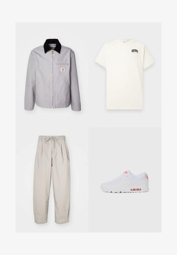 Lys grå jakke laget av slitesterkt stoff, med krage i sort cordfløyel, glidelås, frontlomme, og logo-patch på brystet.; Kremfarget bomull t-skjorte med korte ermer, med "NIKE SB" i svart og rødt trykk på brystet. Standard rund halslinning.; Beige, lette bukser med elastisk midje og snor. Har folder og løs passform, laget av myk og glatt stoff.; Hvite atletiske joggesko med glatt overdel, snøring, polstret såle og synlig luftenhet med røde detaljer på merket.