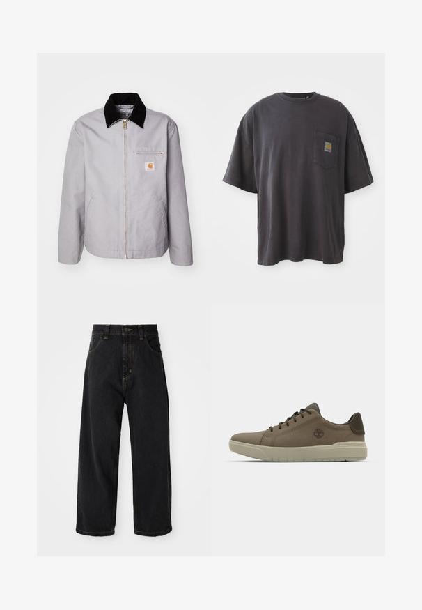 Lys grå jakke lavet af slidstærkt stof, med en krave i sort fløjl, lynlåslukning, forlommer og logo patch på brystet.; Sort bomulds T-shirt med korte ærmer, en rund halsudskæring og en venstre brystlomme med et firkantet logo-patch. Enkel og uudsmykket design.; Sorte denim jeans med vide ben og høj talje, frontknap, lynlås samt gule syninger på lommer og sømme.; Brune læder sneakers med lav profil, gummi sål og grønne accenter; har logo på siden og strukturerede paneler for bedre greb.