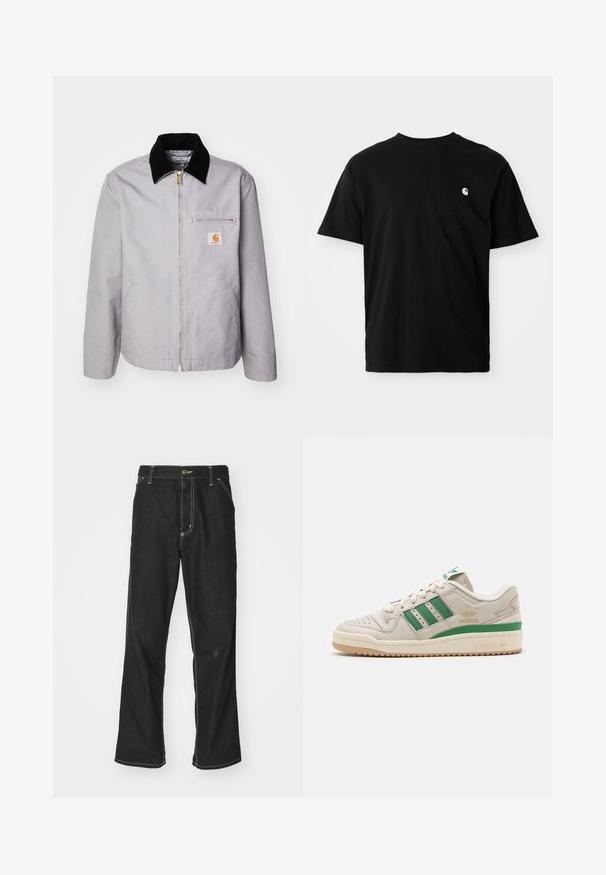 Lys grå jakke laget av slitesterkt stoff, med krage i sort cordfløyel, glidelås, frontlomme, og logo-patch på brystet.; Svart bomull t-skjorte med rund hals, korte ermer og en liten hvit logo på venstre brystområde. Sømmer i sidene er synlige. Myk tekstur.; Svarte denimbukser med løs passform, med kontrastfylt hvit søm, knappelukking og rett ben-design.; Adidas sneakers med en beige skinnoverdel, grønne striper og gummisåle. Har en polstret krage og perforert tå for pusteevne.