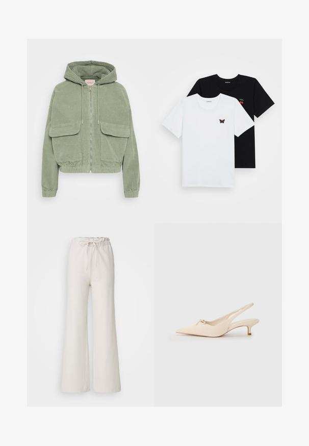 Jachetă din corduroy verde cu glugă, închidere frontală cu fermoar, două buzunare mari în față și elastic la tiv și la manșete pentru o siluetă ajustată.; Două tricouri: unul alb cu broderie de fluture, celălalt negru cu broderie de cireșe. Ambele au guler rotund și mâneci scurte.; Pantaloni largi de culoare bej deschis, cu talie elastică și cordon ajustabil. Confecționați dintr-un material neted; au un design simplu, neîmpodobit.; Pantofi slingback cu vârful ascuțit, din piele albă murdară, cu un detaliu mic sub formă de fundiță și un toc kitten mic. Textură netedă, design minimalist.