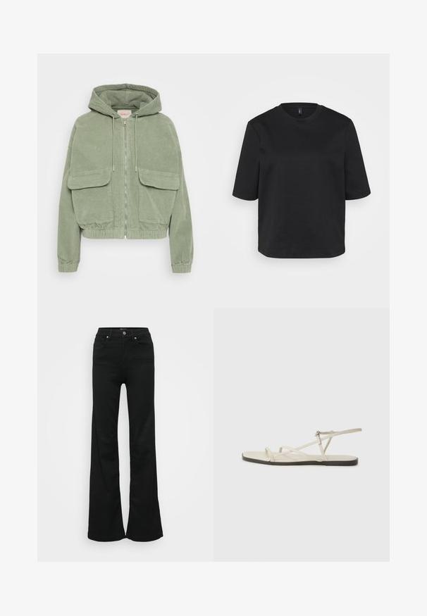 Roheline kingakangast jope, millel on kapuuts, ees lukk, kaks suurt esikotti ning elastne alumine äär ja mansetid, mis tagavad mugava istuvuse.; Must t-särk, millel on ümmargune kaelus, valmistatud puuvillast, lühikeste varrukatega ja lõdva lõikega. Sile tekstuur, ilma nähtavate mustrite või aktsendita.; Mustad laiad teksapüksid, valmistatud denimist, kõrge vöökoht, viis taskut ja metallist nööpkinnitus. Sujuv tekstuur väheste detailidega.; Bežid lame sandaal, millel on mitu peenikest rihma ja reguleeritav pandla. Tallal on lame pind, mille ääres on kerge tumedam kontrast.