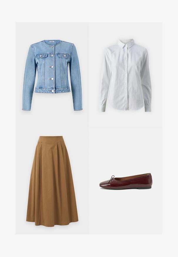 Vaaleansininen farkkutakki, jossa on pitkät hihat, napitus, kaksi rintataskua ja istuva muotoilu. Erottuva kaulus ja näkyvät ompeleet.; Valkoinen napitettava paita, joka on valmistettu sileästä puuvillasta. Paidassa on klassinen kaulus, pitkät hihat ja kaareva helma. Nappien koko on pieni ja ne ovat valkoiset.; Ruskea puuvillainen A-linjainen hame korkealla vyötäröllä, jossa on laskokset edessä ja sileä pinta. Helma on viimeistelty siististi ja yksinkertaisesti.; Burgundin värinen lakattu nahkainen ballerinatossu pyöreällä varvaskärjellä, pienen nauhan yksityiskohdalla edessä ja matalalla mustalla kumipohjalla. Sujuva pinta.