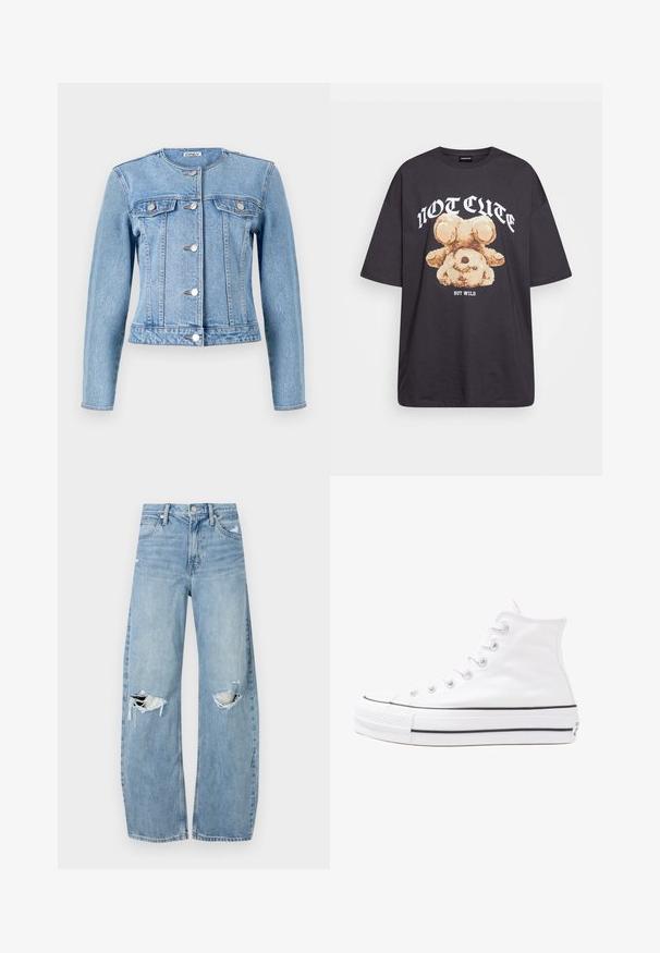 Lys blå denimjakke med lange ermer, knappestenging, to brystlommer og en tettsittende design. Har en klassisk krage og synlig søm.; Svart oversized t-skjorte med en grafikk av en bjørn og teksten "IKKE SØT, MEN VILL" i fet, hvit skrift. Laget av bomull.; Lyseblå høytlivsjeans laget av denim. Har vide bein, to revne knær og klassisk fem-lommers design.; Hvit høy-skinn kanvas sneakers med svart gummisåle, gummitåhette foran og seks hull for snorer, med et rent, minimalistisk design.