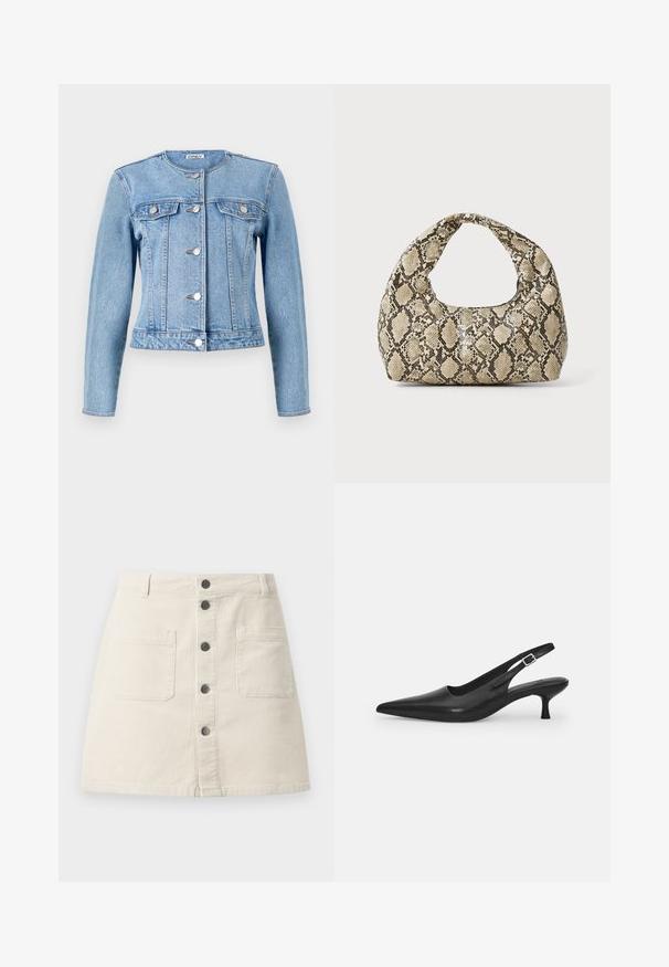 Svijetloplavi traper jakna s dugim rukavima, zatvaranje na dugmad, dva džepa na prsima i prilagođen dizajn. Ima klasični ovratnik i vidljivo šivanje.; Svijetlo bež pulover dugih rukava s rebrastom teksturom, okruglim izrezom i prilagođenim dizajnom. Mekani materijal i bešavne manšete.; Bež mini suknja od kordura s prednjim kopčanjem na dugmad, dva velika proširena džepa i petlje za remen na struku.; Crne kožne slingback cipele s oštrim nosom i uskim, zakrivljenim potplatom. Imaju diskretnu podesivu traku s metalnom kopčom.; Torba s uzorkom zmije s zakrivljenom drškom. Izrađena od teksturiranih materijala u bež i smešnim tonovima, sa karakterističnim dijamantnim uzorkom.