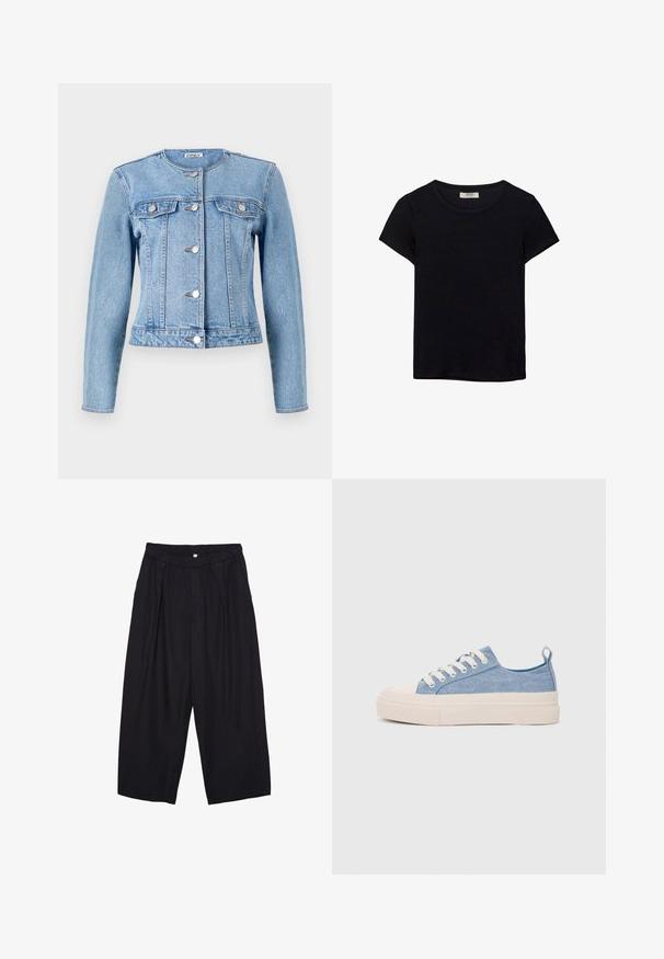 Svijetloplavi traper jakna s dugim rukavima, zatvaranje na dugmad, dva džepa na prsima i prilagođen dizajn. Ima klasični ovratnik i vidljivo šivanje.; Crna majica kratkih rukava od mekanog materijala. Ima klasični okrugli izrez i opušteni kroj. Bez vidljivih uzoraka ili akcenta.; Crne poliester hlače culotte s elastičnim pojasom, dva prednja nabora i širokim krojem. Nema vidljivih uzoraka ili metalnih detalja.; Svijetloplave platnene tenisice s kremastim gumenim vrhom i potplatom, koje imaju bijele vezice i petnu traku.