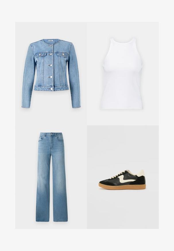 Gai zils džinsa jaka ar garām piedurknēm, ar pogu aizdari, divām krūšu kabatām un pieguļošu dizainu. Iezīmē klassisku apkakli un redzamām dūrēm.; Balta bezpiedurkņu topiņš no ribotā auduma, ar noapaļotu kakla izgriezumu un pieguļošu siluetu, ar minimālām šuvēm un bez rotājumiem.; Gaiši zili augstās jostas bikses ar taisnu kāju dizainu. Izgatavotas no denima, ar piecām kabatām un pogu aizdari.; Melna zamšāda un ādas sporta apavi ar krēmkrāsas sānu svītru un gaiši krēmkrāsas papēdi. Ar beigu krāsas auklām un gumijas zole.