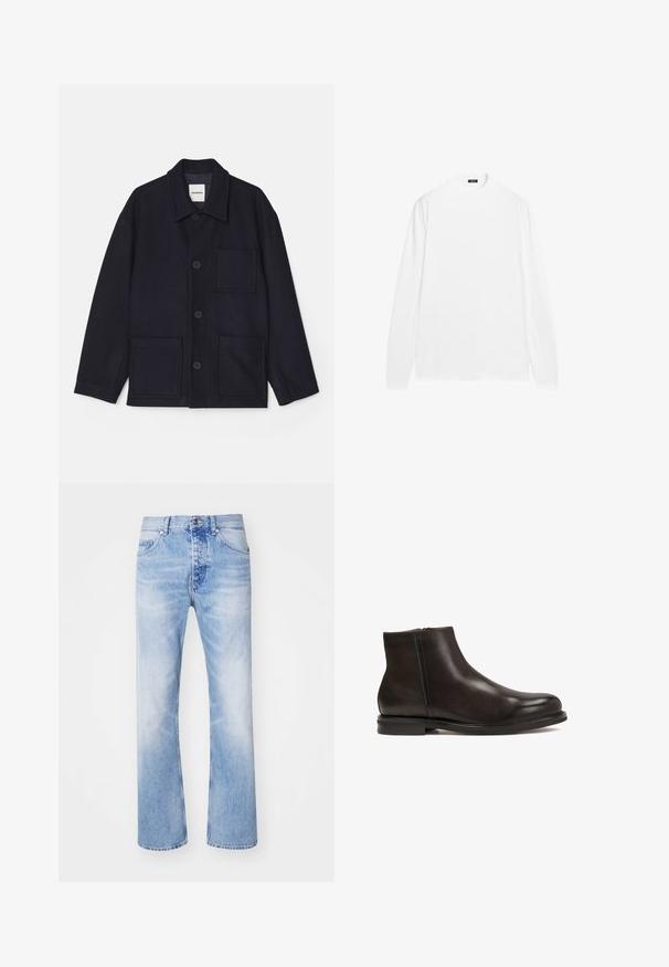 Námořnická modrá bunda vyrobená z vlněné směsi s límcem, předním zapínáním na knoflíky a dvěma předními kapsami. Hladká textura a jednoduchý design.; Bílé tričko s dlouhým rukávem a kulatým výstřihem, vyrobené z hladké bavlněné tkaniny. Má žebrované manžety a rovný spodní lem, bez viditelných vzorů.; Světle modré džíny z denimu se rovnou nohavicí, se klasickým pětipocket stylem a jemným vybledlým vzorem.; Černá kožená kotníková bota s hladkým povrchem, zaoblenou špičkou a nízkým podpatkem. Obsahuje boční zip pro snadné obouvání.