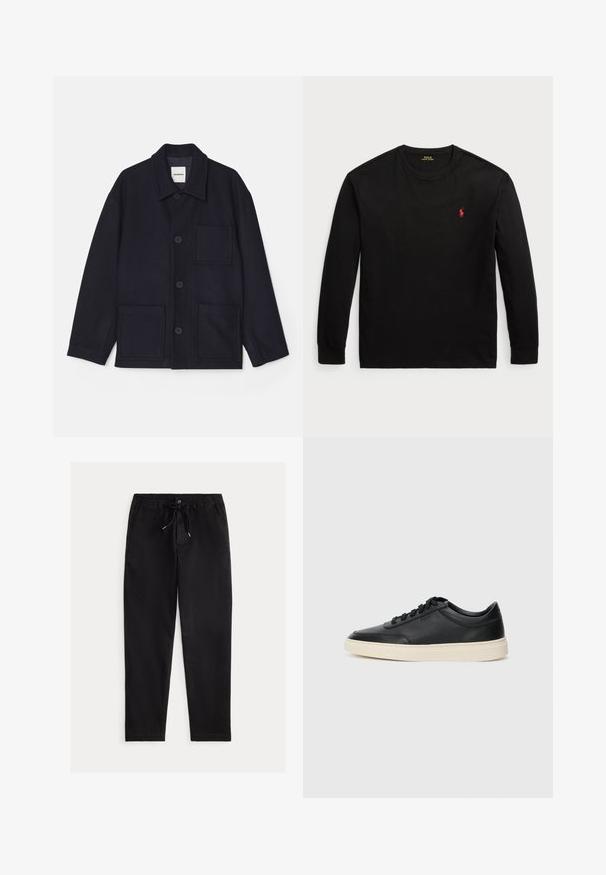 Námornícky modrá bunda z vlnenej zmesi s golierovým výstrihom, predným zapínaním na gombíky a dvoma prednými vreckami. Hladká textura a jednoduchý dizajn.; Čierne tričko s dlhými rukávmi z bavlny. Obsahuje okrúhly výstrih, rebrované manžety a malé červené vyšívané logo na hrudi. Hladký povrch.; Čierne, voľné nohavice s elastickým pásom, šnúrkou na stiahnutie a prednými vreckami. Vyrobené z hladkej, ľahkej tkaniny.; Čierne nízkoprevádzkové kožené tenisky s čiernymi šnúrkami a krémovou podrážkou zobrazené v bočnom profile na bielom pozadí.