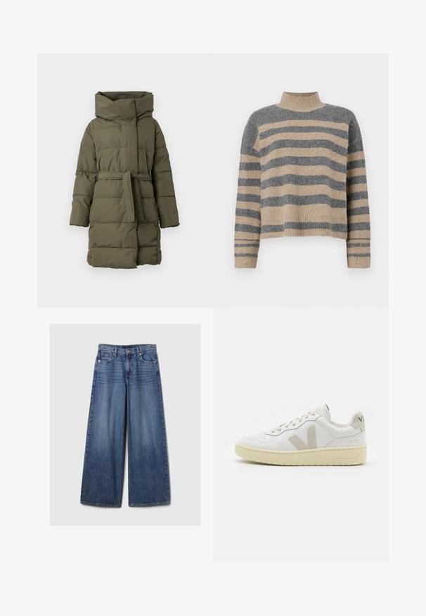 Padjakot oliivrohelises värvitoonis, millel on kõrge kaelus, vööga talje, pikad varrukad ja horisontaalne õmmeldud tekstuur.; Triibuline kudumipusa, millel on hallid ja beezid toonid, kõrge kaelus, laiad mansetid ja vabalt langev lõige koos lühendatud disainiga.; Laiad sinised denimpüksid, millel on pleekinud viimistlus, nupp ja lukuga sulgemine, viis taskut ning vööaasad.; Valge nahast tenniseking, millel on beežist siidist aktsent ja aukudega varvas, lame paelad ja tekstureeritud koorevärvi tallad. Omab nüansirikast brändimist kannal.