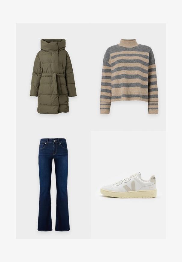 Padded parka kabát v olivovo zelenej farbe, s vysokým golierom, opaskom v páse, dlhými rukávmi a horizontálnou prešívanou textúrou.; Prúžkovaný pletený sveter s šedými a béžovými farbami, vysokým golierom, širokými manžetami a voľným strihom s krátkym dizajnom.; Tmavomodré džínsové nohavice s rozšírenými nohavicami a stredne zvýšeným pásom, s prednými vreckami a kontrastným prešívaním. Obsahujú kovové zapínanie na gombík a pútka na opasok.; Biele kožené tenisky s béžovými semišovými akcentmi, perforovanou špičkou, plochými šnúrkami a textúrovanou krémovou podrážkou. Obsahujú jemné označenie na päte.