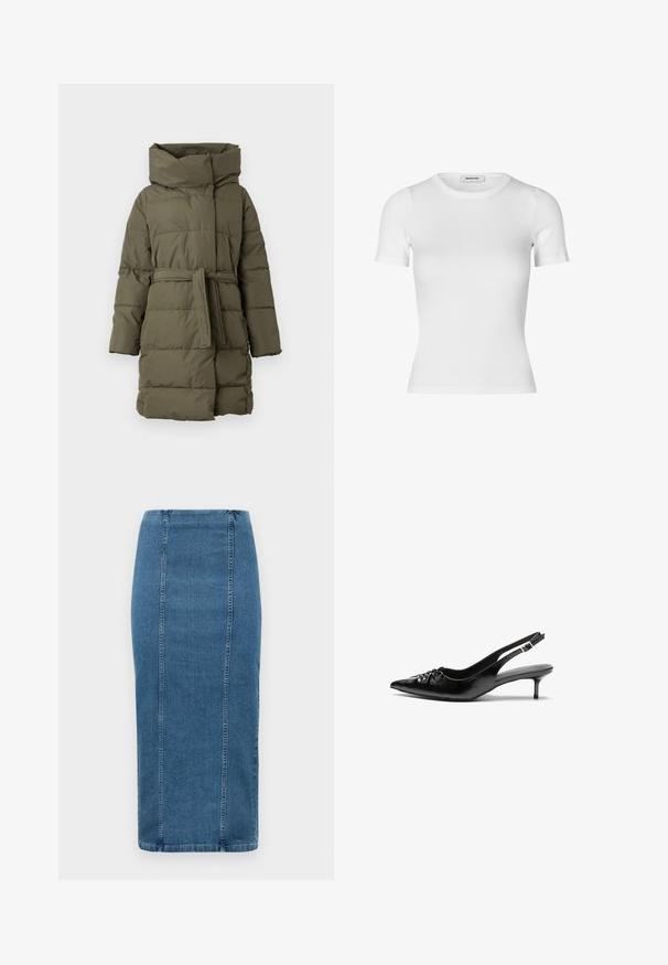 Apsaugotas parka paltas alyvuogių spalvos, turintis aukštą apykaklę, diržo juosmenyje, ilgomis rankovėmis ir horizontaliai siuvinėtu tekstūru.; Balta trumpa rankovėmis marškinėliai, pagaminti išリbrebės medvilnės audinio. Paruošta išvaizda su apvaliu iškirpimu ir lygiu paviršiumi. Be raštų ar puošmenų.; Mėlyna džinsinė pieštuko sijonas su vertikaliomis siūlėmis ir aukštu liemeniu, nusileidžiantis žemiau kelių, rodomas ant balto fono.; Juodos odinės slingback aukštakulniai su smailiu nosiu, mažais katės kulnais ir dekoratyvine mazgo detale priekyje. Visas paviršius lygus.
