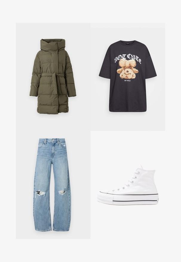Gewatteerde parka in olijfgroen, met een hoge hals, ceintuur in de taille, lange mouwen en een horizontaal afgestikte structuur.; Zwart oversized t-shirt met een afbeelding van een beer en de tekst "NIET SCHATTIG, MAAR WILD" in grote, witte letters. Gemaakt van katoen.; Lichtblauwe, hooggeritste jeans van denim. Beschikken over wijde pijpen, twee gescheurde knievalken en klassieke vijfzakken styling.; Witte high-top canvas sneakers met een zwarte rubberen zool, een rubberen neuskap aan de voorkant en zes gaatjes voor veters, met een schone, minimalistische uitstraling.