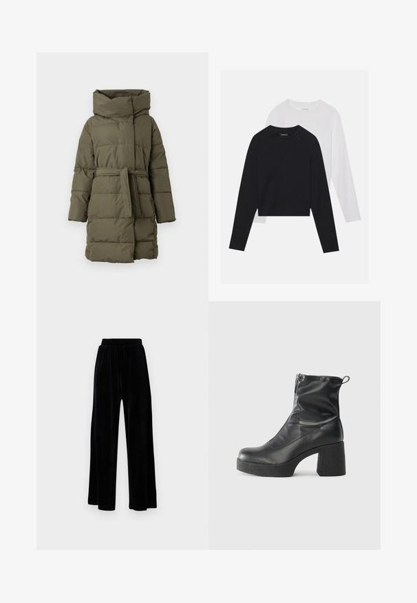 Padded parka kabát v olivovo zelenej farbe, s vysokým golierom, opaskom v páse, dlhými rukávmi a horizontálnou prešívanou textúrou.; Dvoje tričiek s dlhým rukávom: jedno čierne a jedno biele. Obe majú okrúhly výstrih, raglánové rukávy a mäkkú zmes bavlny.; Čierne široké nohavice zo soft velvetu, s elastickým pásom a hladkou textúrou, bez viditeľných detailov alebo vzorov.; Čierne členkové topánky z hladkej kože, so bočným zipsom, robustnou textúrovanou pätnou časťou a zaobleným dizajnom špičky.
