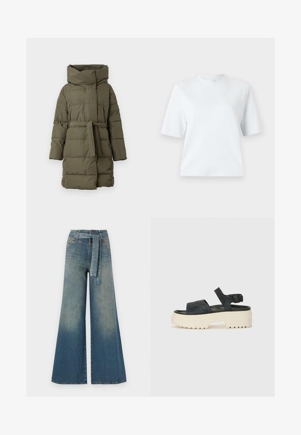 Polsterte Parka-Jacke in Olivgrün, mit hohem Kragen, tailliert mit Gürtel, langen Ärmeln und horizontaler Stepptextur.; Hellblaues T-Shirt mit kurzen Ärmeln aus weicher Baumwolle. Es hat einen klassischen Rundhalsausschnitt und eine lockere Passform, ohne Muster oder Akzente.; Weit geschnittene Denim-Hosen mit einem Farbverlauf von hellblau zu dunkelblau, hoher Taille, Gürtelschlaufen und einem passenden Stoffgürtel. Strukturierte Denim-Oberfläche.; Schwarze Wildleder-Plateausandalen mit einer klobigen weißen Sohle, breitem Vorderriemen und verstellbarem Knöchelriemen. Strukturierte Laufsohle für besseren Halt.