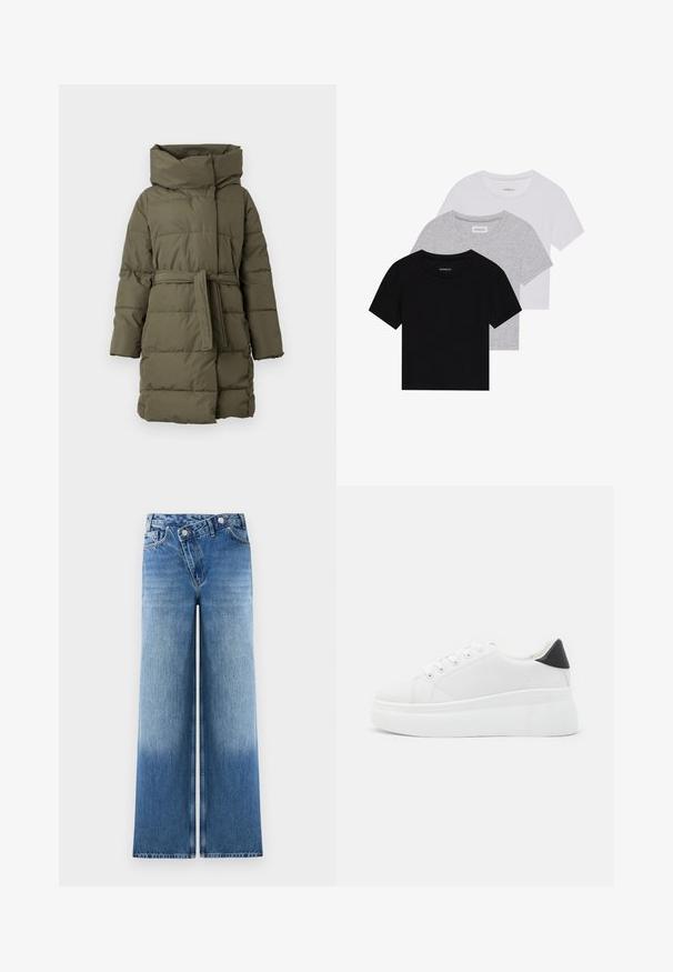 Padded parka plašč v olivno zeleni barvi, z visokim ovratnikom, pasom, dolgimi rokavi in horizontalno prešito teksturo.; Komplet treh majic s kratkimi rokavi v črni, sivi in beli barvi. Izdelane iz bombaža, z okroglim izrezom in preprostim, enobarvnim dizajnom.; Svetlo modri široki kavbojke z zbledelim videzom, ki vključujejo klasičen dizajn s petimi žepi in kovinske gumbe na pasu.; Bele platform tenisice izdelane iz gladkega sintetičnega materiala, z zaobljenim prstom, sistemom vezalk in teksturiranim gumijastim podplatom. Črn dodatek na peti.