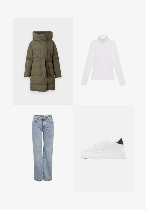 Vadderad parka i olivgrön, med hög nacke, bälte i midjan, lång ärm och horisontell quiltad textur.; Vit långärmad polotröja gjord av ett smidigt, stretchigt material. Har en hög krage och åtsittande design, utan synliga mönster eller dekorationer.; Ljusblå vida jeans i denim med hög midja, femficksdesign och subtila blekningar för en använd look.; Vita plattformssneakers gjorda av slät syntetiskt material, med rund tå, snörningsdesign och en texturerad gummisula. Svart hälaccent.